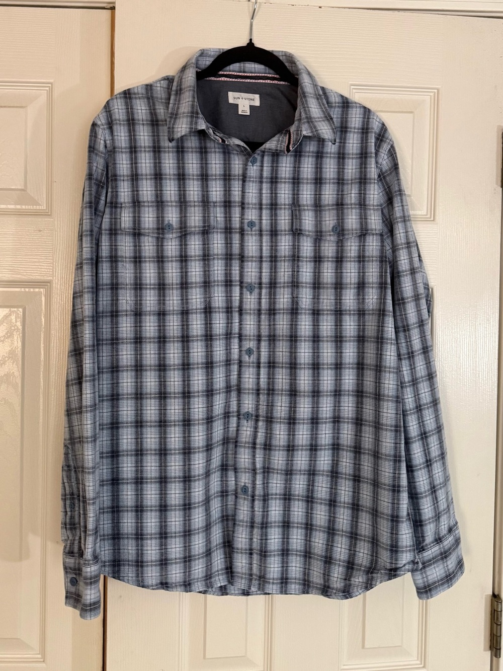 Sun + Stone Gray Blue Plaid Button Front Shirt Men’s Large